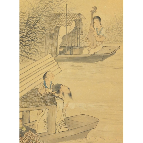 723 - Chinese wall hanging scroll, hand painted with three figures in boats, with character marks and red ... 