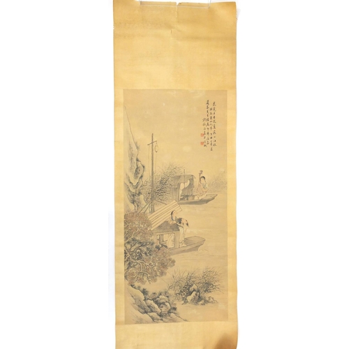 723 - Chinese wall hanging scroll, hand painted with three figures in boats, with character marks and red ... 