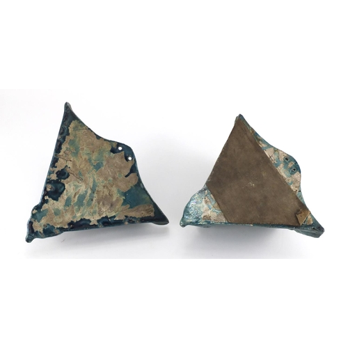 981 - Pair of blue glazed rams head design pottery wall pockets of triangular form, 26cm H x 31cm W