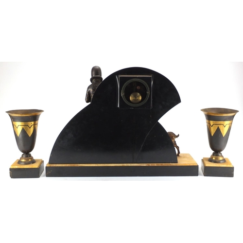 1268 - Art Deco black slate and marble mantel clock with garniture vases, the mantel clock mounted with a f... 