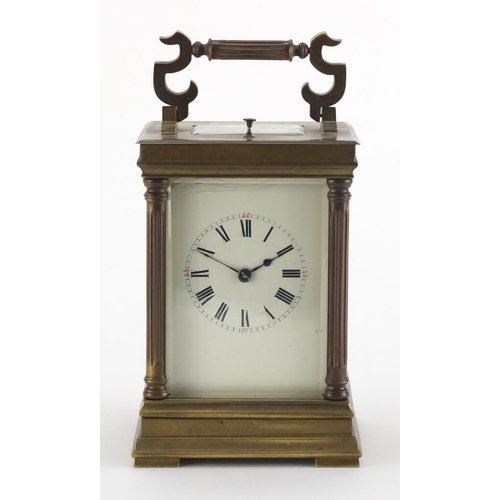 1271 - Brass cased repeating carriage clock, striking on a gong with architectural columns, enamelled dial ... 