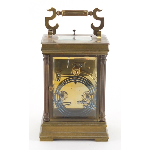 1271 - Brass cased repeating carriage clock, striking on a gong with architectural columns, enamelled dial ... 