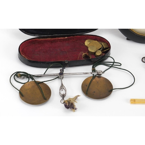 33 - Antique and later objects including a blonde tortoiseshell spectacle case, set of postage scales hou... 