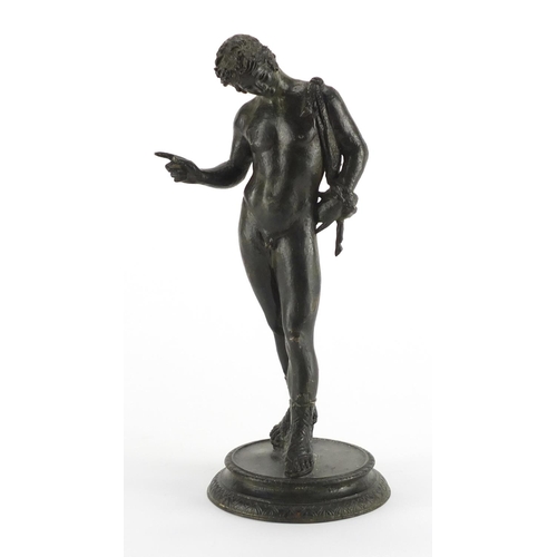 82 - Antique patinated classical bronze study of Narcissus, 28cm high