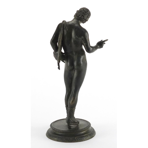 82 - Antique patinated classical bronze study of Narcissus, 28cm high