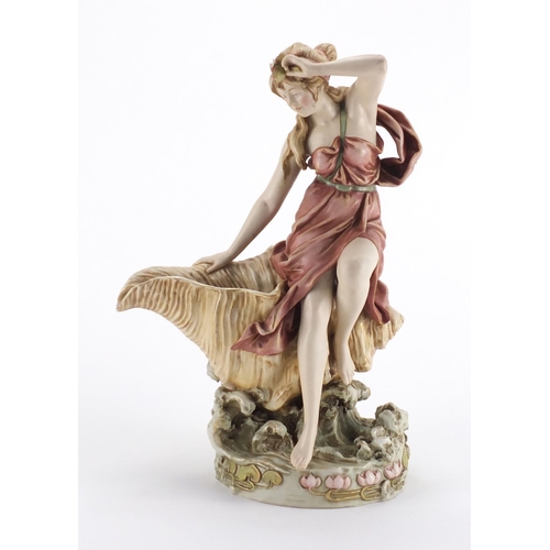 999 - Royal Dux hand painted figural spill vase modelled as a maiden seated on a shell, factory marks and ... 