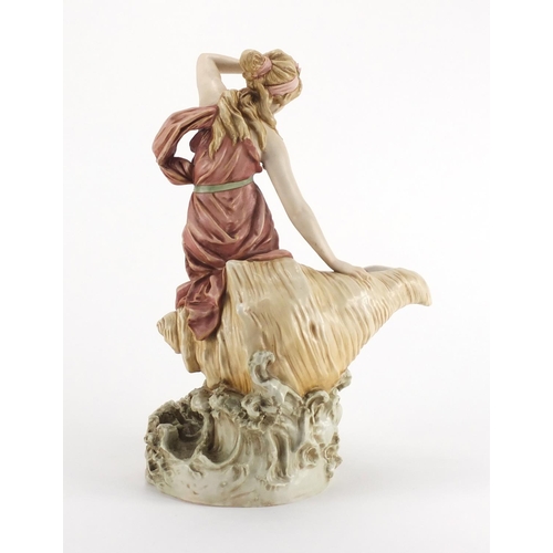 999 - Royal Dux hand painted figural spill vase modelled as a maiden seated on a shell, factory marks and ... 