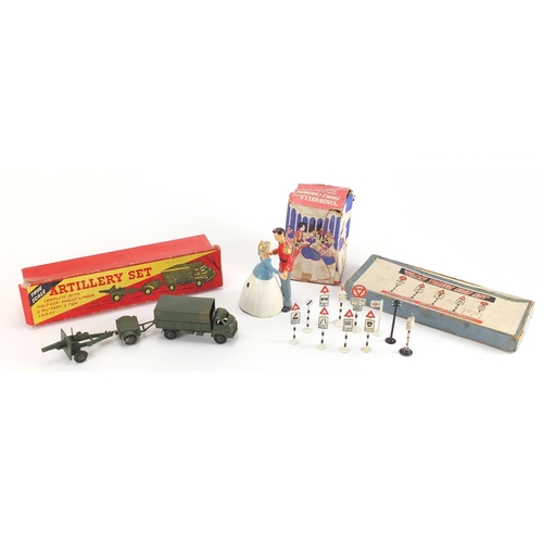 510 - Vintage British toys with boxes comprising Gilco set 3 traffic sign set, true scale artillery set an... 