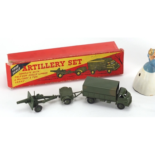 510 - Vintage British toys with boxes comprising Gilco set 3 traffic sign set, true scale artillery set an... 