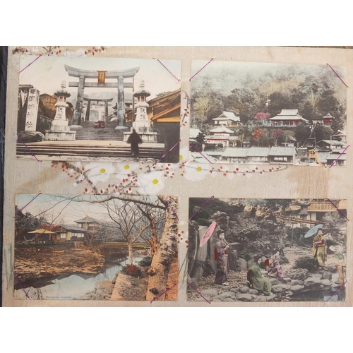353 - Chinese and Japanese black and white photographs and postcards, arranged in a lacquered album includ... 