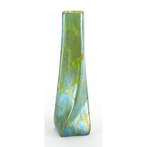 916 - Art Nouveau iridescent glass vase by Loetz, with twisted square tapering body, 31cm high