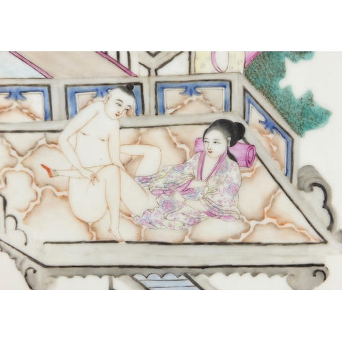 557 - Pair of Chinese porcelain panels, each hand painted in the famille rose palette with erotic scenes a... 