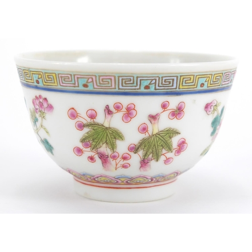 566 - Miniature Chinese porcelain footed bowl, finely hand painted in the famille rose palette with blosso... 