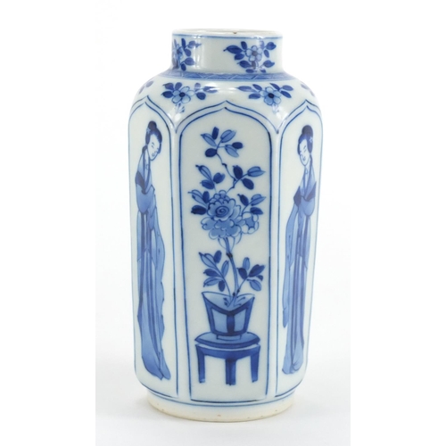543 - Chinese blue and white porcelain hexagonal vase, hand painted six with panels of young females and f... 
