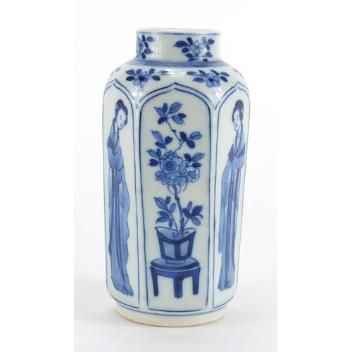 543 - Chinese blue and white porcelain hexagonal vase, hand painted six with panels of young females and f... 