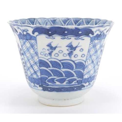 547 - Chinese blue and white porcelain fluted tea bowl, hand painted with panels of birds and flowers, fou... 