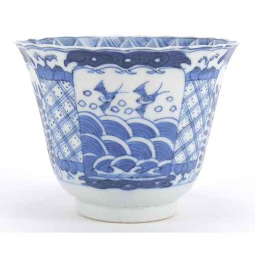 547 - Chinese blue and white porcelain fluted tea bowl, hand painted with panels of birds and flowers, fou... 