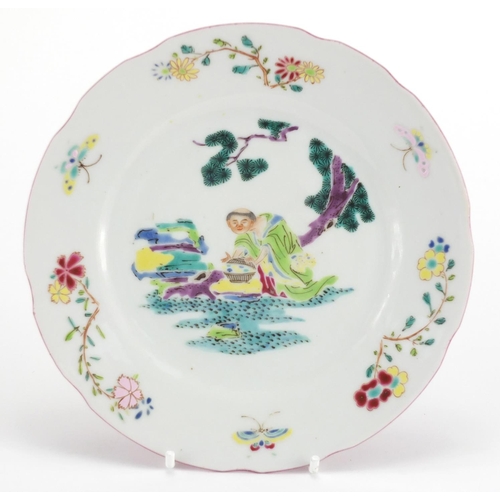 564 - Chinese porcelain dish, hand painted in the famille rose palette with a figure before pine tree, the... 