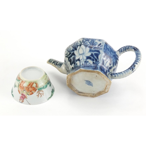 581 - Chinese porcelain comprising a blue and white teapot with hexagonal body, tea bowl hand painted in t... 