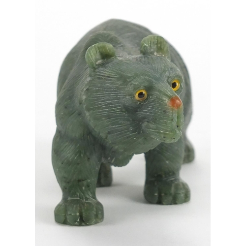 63 - Carved green jade bear with beaded eyes, possibly Russian, 15.5cm in length