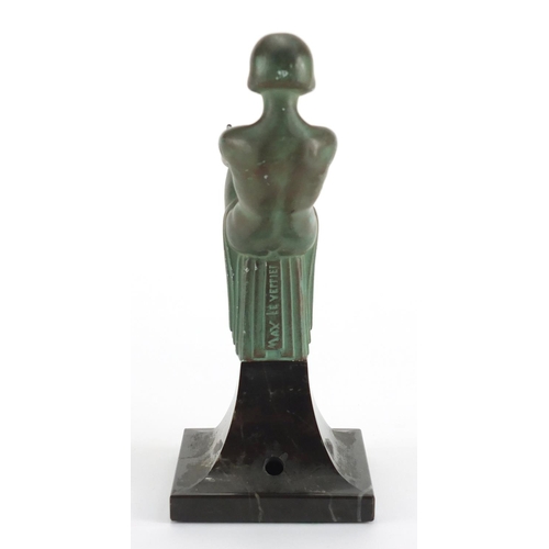1008 - Max Le Verrier - Engime, Art Deco patinated Spelter and marble lamp, 17cm high