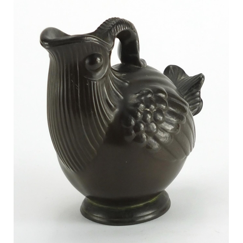 1012 - Danish Art Nouveau patinated bronze jug in the form of a bird, by Just Andersen, factory marks and n... 