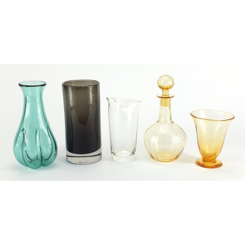 907 - Whitefriars glassware including an Aqua lobbed vase and water jug by Geoffrey Baxter, the largest 22... 