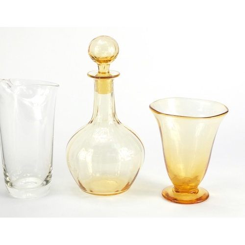 907 - Whitefriars glassware including an Aqua lobbed vase and water jug by Geoffrey Baxter, the largest 22... 