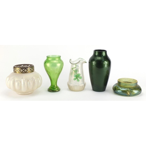 919 - Bohemian glassware including Kralik and a squatted iridescent vase possibly Loetz, the largest 20.5c... 