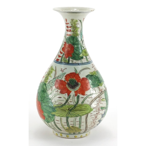 575 - Chinese porcelain Doucai pear shaped vase, hand painted with insects amongst flowers and lily pads, ... 