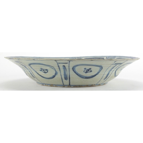 554 - Chinese blue and white porcelain dish, hand painted with a birds and flowers, 32cm in diameter