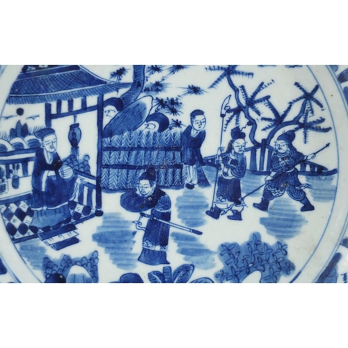 533 - Chinese blue and white porcelain shallow dish, hand painted with figures and warriors in a Pavilion,... 