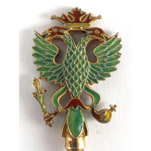 172 - Unusual Russian silver gilt and champlevé enamel spoon by Faberge, with double-headed eagle terminal... 