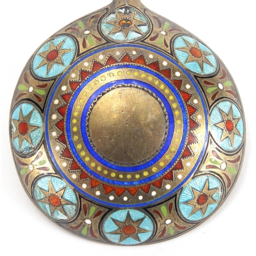 173 - Russian silver and champlevé enamel spoon, by Ivan Vonifatiyevich Konstaninov, enamelled with rounde... 