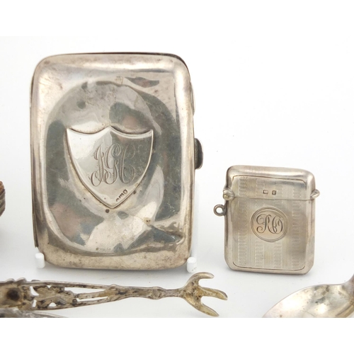 38 - Victorian fold out sewing necessaire and a group of silver objects including cigarette case, vesta a... 
