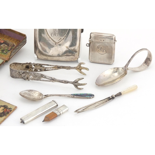 38 - Victorian fold out sewing necessaire and a group of silver objects including cigarette case, vesta a... 