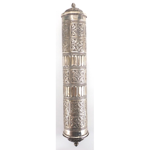 745 - Middle Eastern unmarked silver cylindrical Quran holder, embossed with panels of flower heads, 27cm ... 