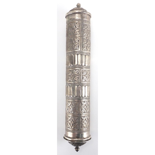 745 - Middle Eastern unmarked silver cylindrical Quran holder, embossed with panels of flower heads, 27cm ... 