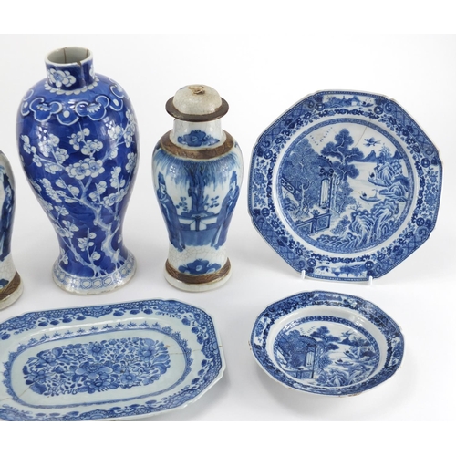 555 - Chinese porcelain including blue and white baluster vase and blue and white dishes, the largest 27.5... 