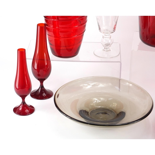908 - Whitefriars glassware including two goblets, lotus flower bowl and wavy ribbed trailed ruby vases, t... 