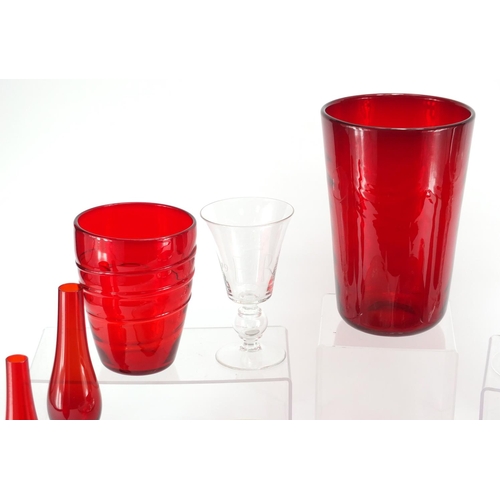 908 - Whitefriars glassware including two goblets, lotus flower bowl and wavy ribbed trailed ruby vases, t... 