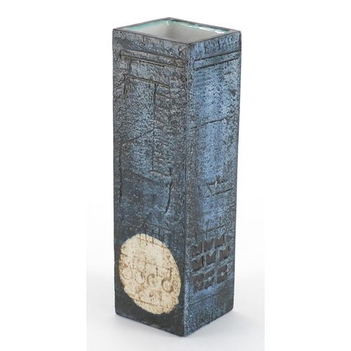 946 - Troika St Ives pottery square section vase, hand painted and incised with a geometric design by Mari... 