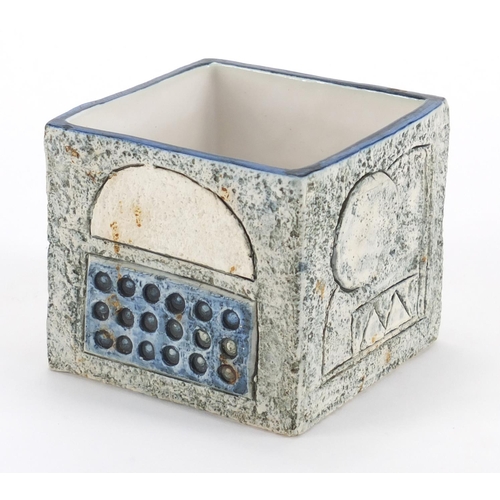 947 - Troika St Ives pottery square section planter, hand painted and incised with a geometric design by S... 