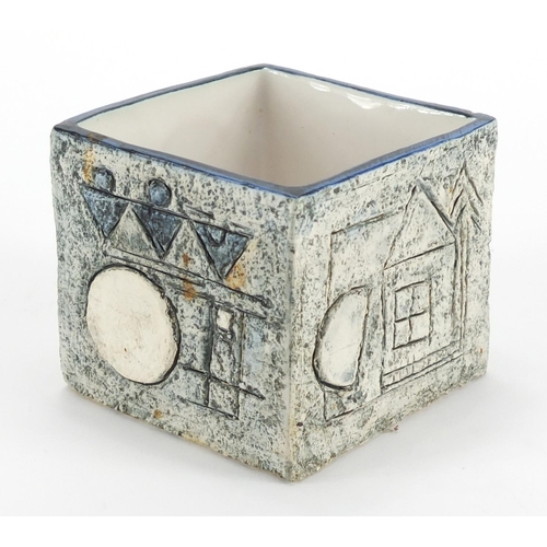 947 - Troika St Ives pottery square section planter, hand painted and incised with a geometric design by S... 