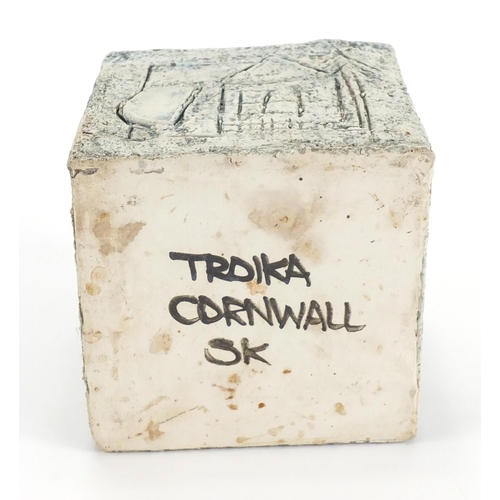 947 - Troika St Ives pottery square section planter, hand painted and incised with a geometric design by S... 