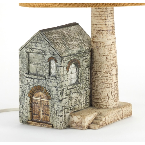 945 - Troika St Ives pottery tin mine lamp with shade, hand painted and incised by Alison Brigden, painted... 