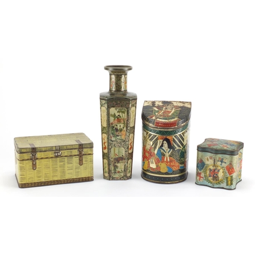 108 - Four vintage biscuit tins, including a Huntley & Palmers example in the form of a Chinese vase with ... 