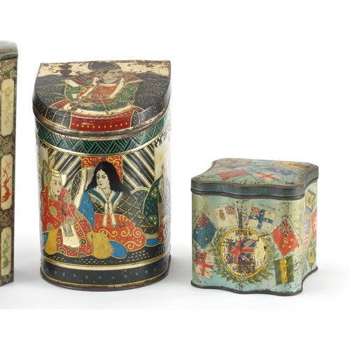 108 - Four vintage biscuit tins, including a Huntley & Palmers example in the form of a Chinese vase with ... 