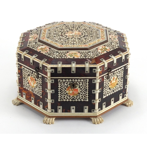 738 - 19th century Vizagapatam ivory and tortoiseshell octagonal dressing table box, with applied engraved... 