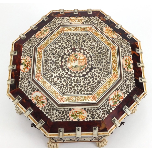 738 - 19th century Vizagapatam ivory and tortoiseshell octagonal dressing table box, with applied engraved... 